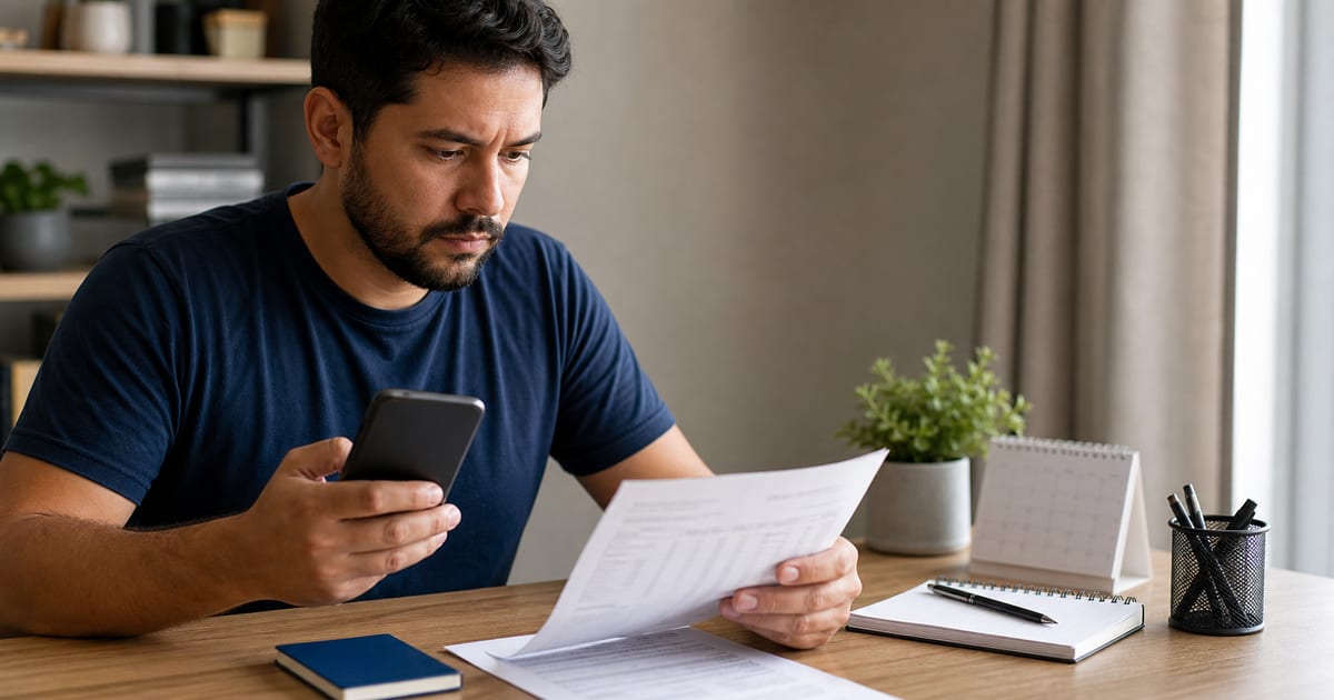 Trabalhador conferindo documento e aplicativo no celular para consultar o abono salarial