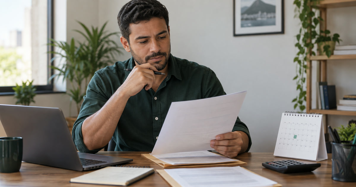 Trabalhador analisando aviso prévio e calendário em mesa de trabalho