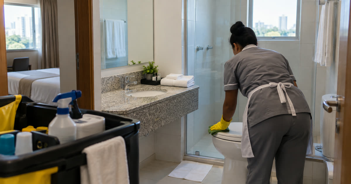 Camareira higienizando o banheiro de um quarto de hotel