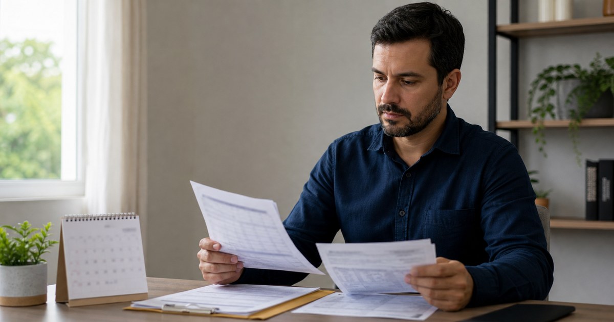 Trabalhador conferindo calendário e documentos de férias