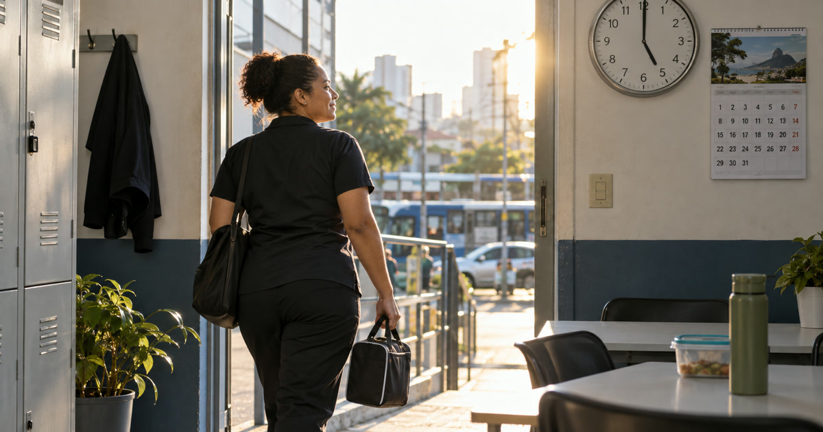 Trabalhadora saindo do trabalho ao fim do dia com relógio e calendário ao fundo