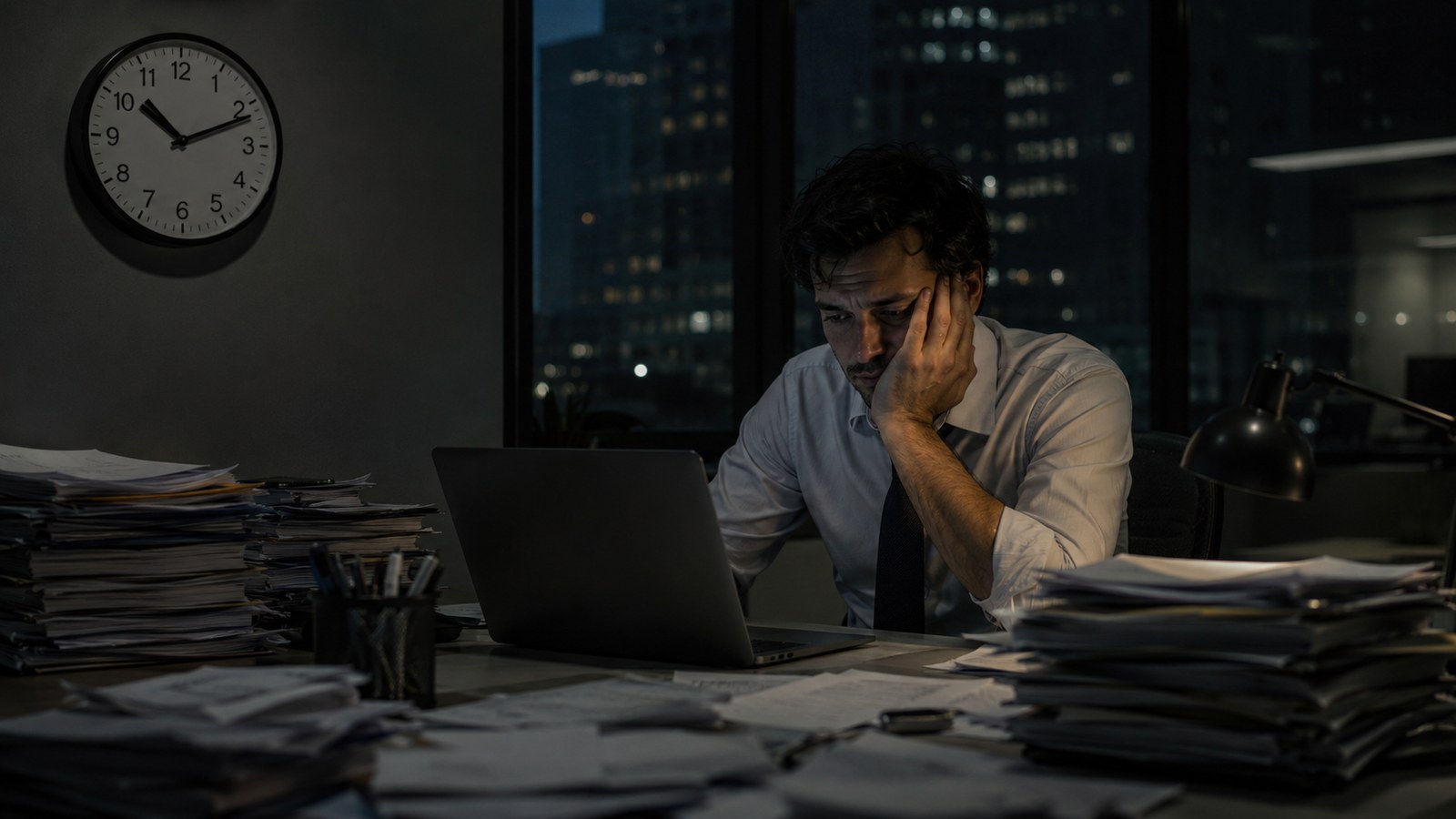 Trabalhador analisando registros de jornada após o expediente noturno