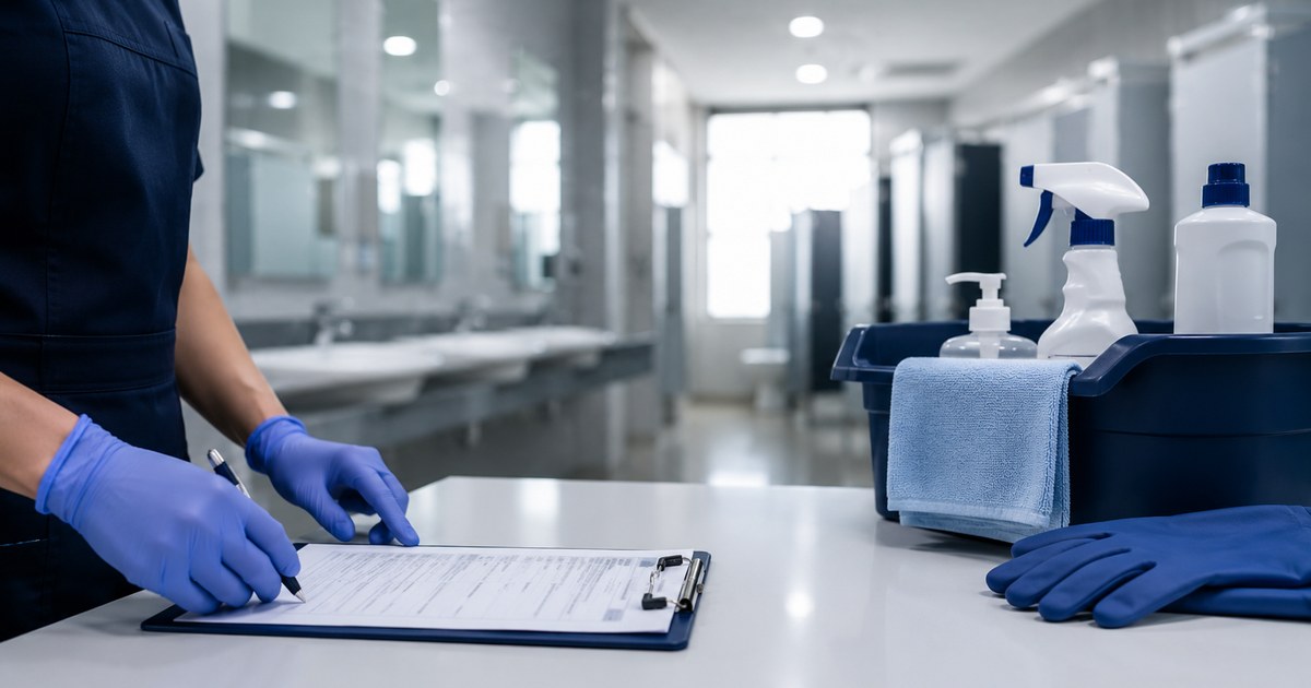 Profissional de limpeza usando luvas e materiais de proteção em banheiro coletivo