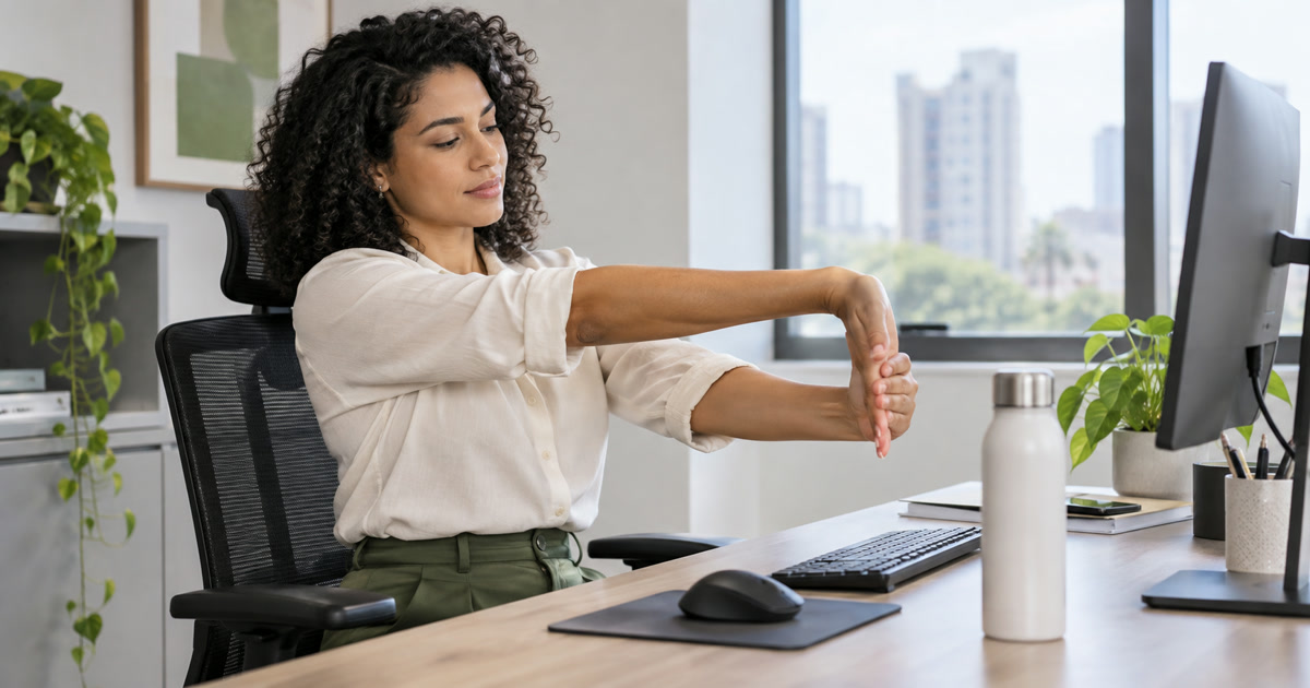 Trabalhadora alongando punhos em estação de trabalho ergonômica