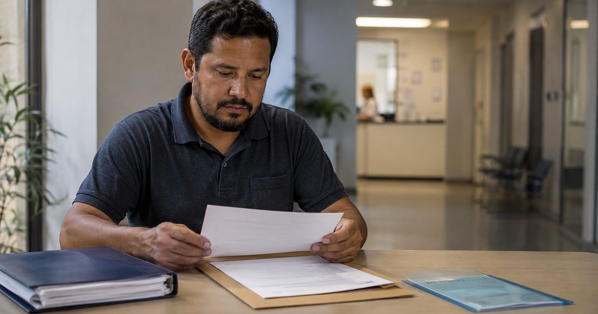 Trabalhador diante de documentos medicos e de retorno ao trabalho