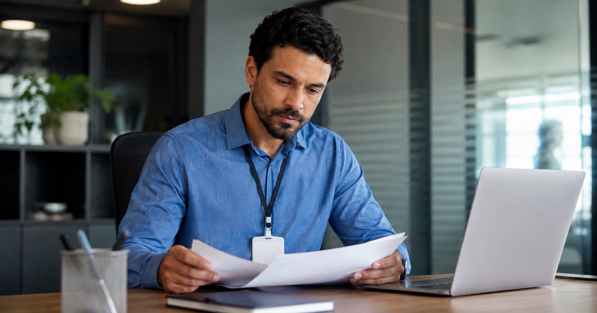 Profissional analisando contrato PJ em ambiente corporativo