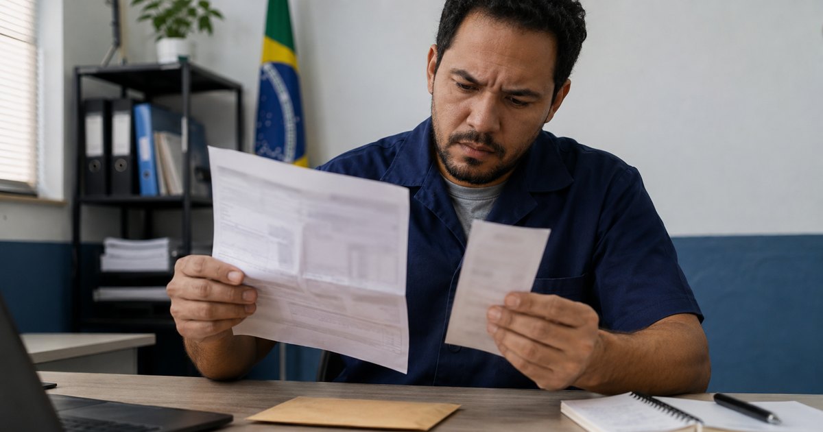 Trabalhador comparando contracheque e comprovantes de pagamento