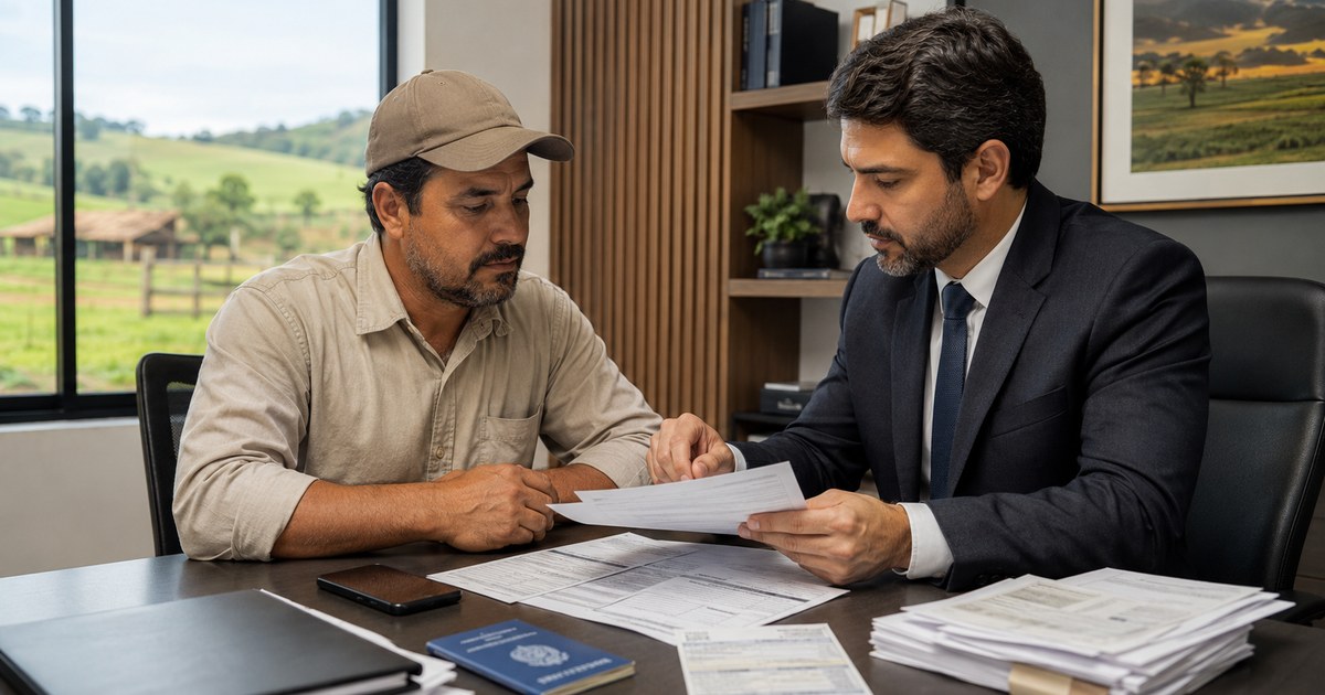 Trabalhador rural recebendo orienta&ccedil;&atilde;o jur&iacute;dica sobre documentos trabalhistas