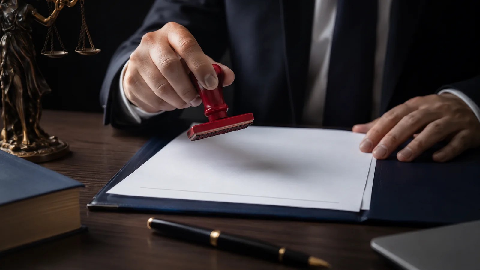 Profissional formalizando documento de trabalho ao lado de uma balança da Justiça